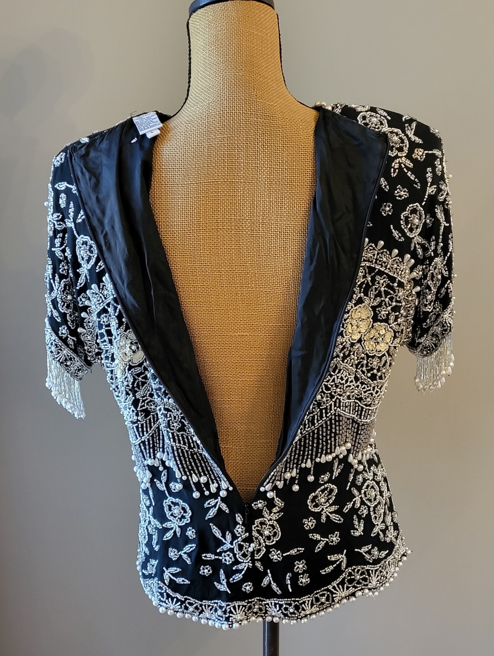 Oleg Cassini Black Tie Vintage 80s Black Silk Beaded Top Large - Picture 10 of 11